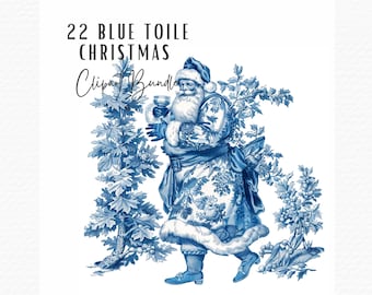 Christmas Toile Clipart | 22 Vintage Holiday Chinoiserie Blue & White Clipart | Digital Paper Ephemera JPG Christmas Card Clipart Bundle