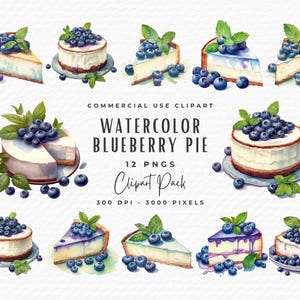 Watercolor Blueberry Pie Clipart Bundle, 12 Blueberry Cheesecake Dessert Clipart, Berry Fruit Food Clipart, Digital Download, Commercial Use