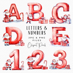 Kerstalfabet en cijfers clipart, 36 aquarel rode kerst kerstman letters en cijfers clipart png, digitale download, commercieel gebruik