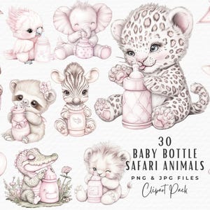 Éléphant avec des cliparts biberon, aquarelle mignon bébé Safari jungle animaux chambre d'enfant décor clipart, téléchargement numérique, faire-part bébé fille