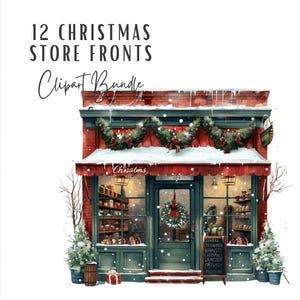 Pacote de clipart de vitrine de Natal | 12 clipart fofos de loja de Natal de inverno PNG | Download digital | Decoração de loja de Natal em papel digital