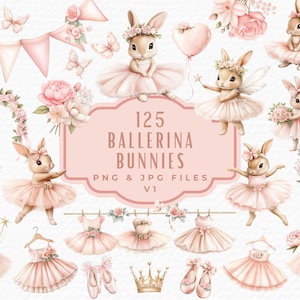 Ballerina Hase Clipart, Aquarell Clip Art Tanzendes Mädchen Ballett Kaninchen-Baby-Dusche-Kinderzimmer-Dekor Clipart, Ballett-Hausschuhe Tutu Art PNG JPG