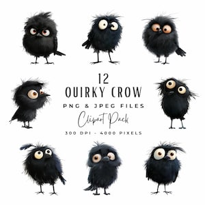 Watercolor Cute Crows Clipart Bundle, 12 Quirky Crow Halloween PNG JPEG Clipart Digital Download, Junk Journal Scrapbook Digital Paper Craft