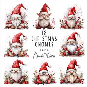 Pacote de clipart de gnomo de Papai Noel em aquarela, clipart fofo de gnomo de Papai Noel festivo de Natal, download digital, uso comercial, diário de lixo