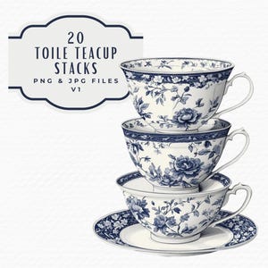 Pacchetto di clipart con pila di tazze da tè / Clipart vintage per la festa del tè con acquerello Toile De Jouy / Download digitale per uso commerciale Clipart con torta e tazza da tè