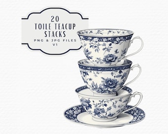 Toile De Jouy Teacup Stack Clipart | Vintage Tea Party (Digital Download)