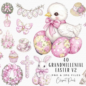 Paquete de imágenes prediseñadas de Pascua Grandmillenial, 40 imágenes prediseñadas de primavera preppy en acuarela rosa y blanco, descarga digital, lindas imágenes prediseñadas de chinoiserie de Pascua