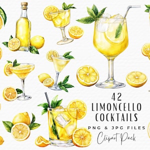 Pacchetto di clipart di cocktail al limoncello, 42 clipart di cocktail alcolici estivi firmati Limoncello Spritz ad acquerello PNG, download digitale