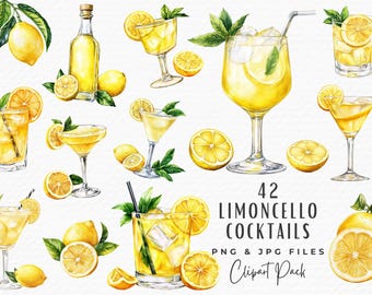 Limoncello Cocktail Clipart Bundle, 42 Watercolor Limoncello Spritz Signature Summer Alcoholic Cocktail Drink Clipart PNG, Digital Download
