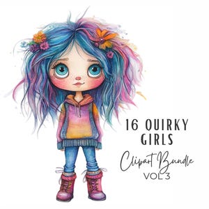 Quirky Girl Clipart Bundle, Watercolor Cute Whimsical Fashion Girls Clipart JPG, Digital Download Commercial Use, Planner Girl Junk Journal