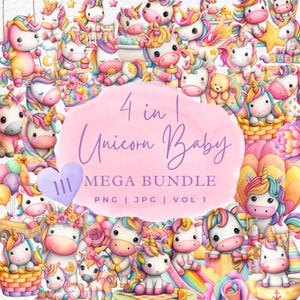 Watercolor Baby Unicorn Collection Clipart, Birthday Baby Shower Seamless Pattern Baby Clothes Mega Bundle, Digital Download Commercial Use