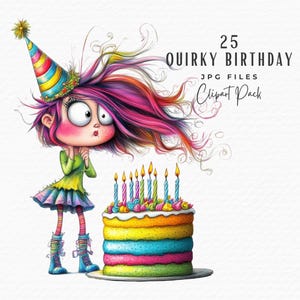 Eigenzinnige verjaardagstaart clipart, 25 leuke grappige grillige aquarel verjaardagsfeestje meisje clipart, digitale download commercieel gebruik, eigenzinnige kunst