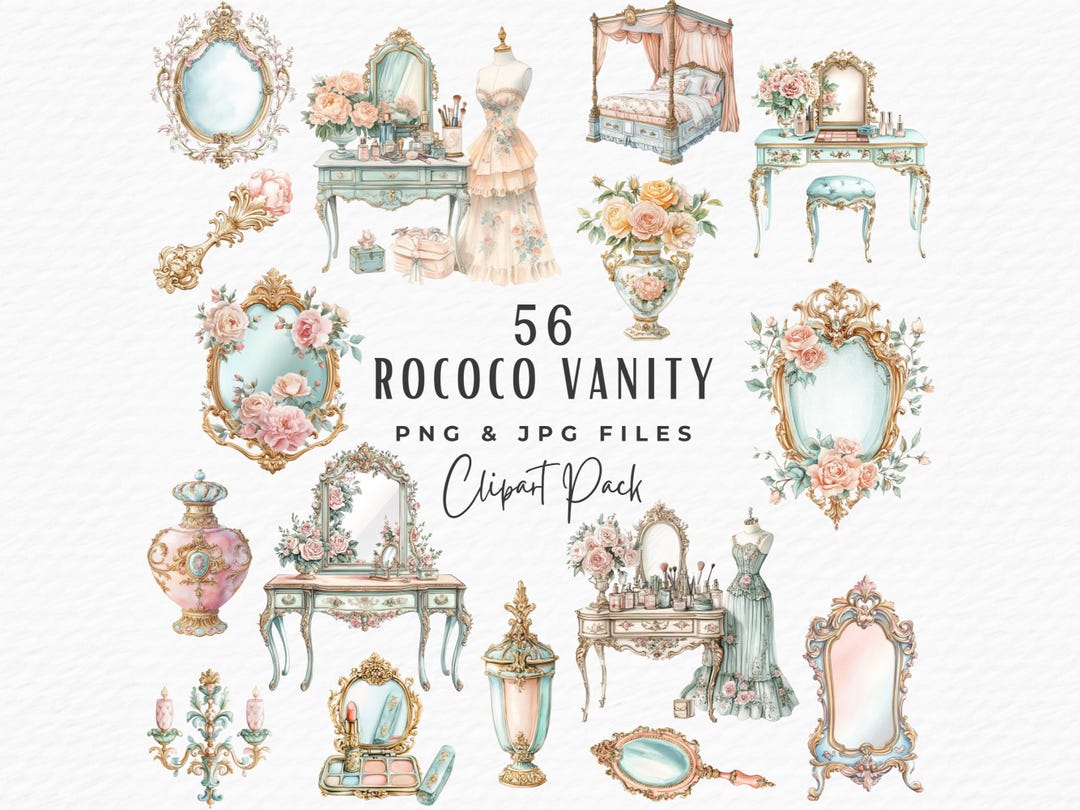 Vanity Mirror Clipart Bundle, 56 Watercolor Vintage Rococo Vanity Table