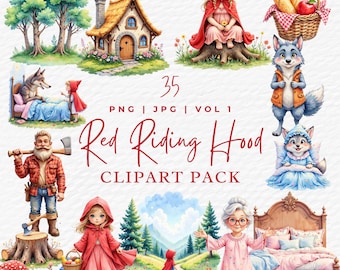 Little Red Riding Hood Watercolor Clipart, Fairytale Nursery Art (Digital Download)