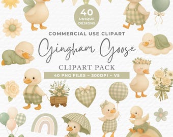 Paquete de imágenes prediseñadas de Silly Goose: 40 PNG de cuadros vichy, baby shower de estilo cottagecore (descarga digital)