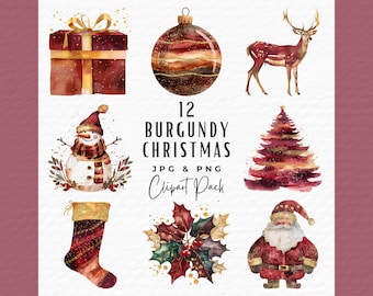 Burgundy Christmas Watercolor Clipart Bundle, Festive PNG JPG (Digital Download)