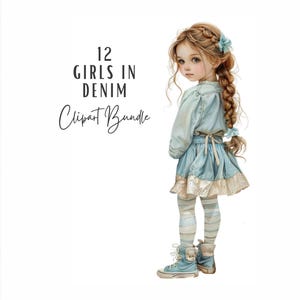 Pacote de clipart de menina em jeans, aquarela linda e bonita clipart de menina em jeans, download digital para uso comercial, diário de lixo estético feminino
