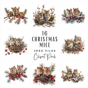Christmas Mice Clipart Bundle | Watercolor Winter Holiday Cute Mouse Illustration Clipart JPG | Digital Paper Craft | DIY Christmas Card Art