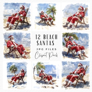 Beach Santa Clipart Bundle, Watercolor Tropical Summer Holiday Christmas in July Santa Claus Beach Clipart, Digital Download Commercial Use