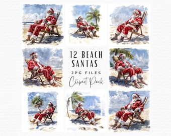 Beach Santa aquarel clipartbundel, zomerkerst (digitale download)