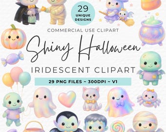 Iriserende Halloween-clipart: aquarel pompoenen, spoken, vleermuizen (PNG-download)