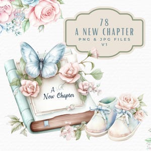 Clipart nouveau chapitre pour baby shower, illustrations aquarelles, téléchargement numérique, usage commercial, mignon chambre de bébé bébé livre colonne vertébrale chaussons Clip Art
