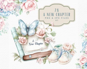 Watercolor Baby Shower Clipart: New Chapter Book Theme (Digital Download)