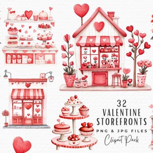 Valentine Storefront Clipart Bundle, 32 Watercolor Cute Romantic Valentines Day Pink Candy Shop Clipart, Digital Download Commercial Use