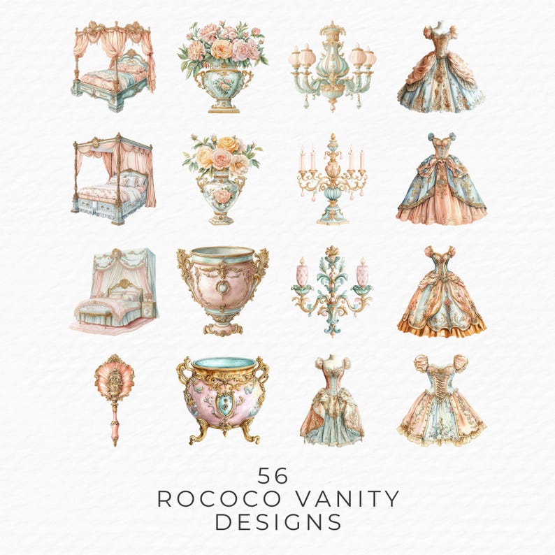 Vanity Mirror Clipart Bundle, 56 Watercolor Vintage Rococo Vanity Table