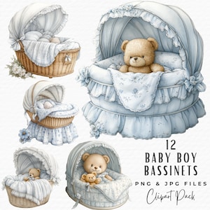 Baby Bassinet Clipart, Watercolor Baby Shower Party Décor Invite Clipart, Digital Download Commercial Use, Baby Boy Shower Crib Clipart PNG