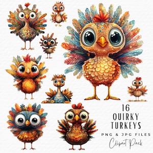 Quirky Turkey Clipart, 16 Watercolor Cute Whimsical Funny Thanksgiving Turkey Clipart, Digital Download Commercial Use, Cartoon Farm Animal