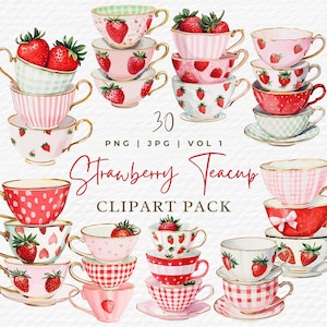 Gestapelte Teetassen Clipart, Vintage Aquarell PNG für Scrapbooking, Erdbeer-Tee-Party-Kunst, digitaler Download Illustrationen, kommerzielle Nutzung