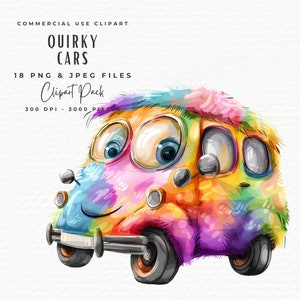 Paquete de 18 imágenes prediseñadas de coches extravagantes, diseños PNG de coches divertidos y brillantes, descarga digital, invitación de sublimación de coches de dibujos animados lindos y caprichosos