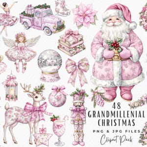 48 Grandmillenial kerst clipart, aquarel kerst vintage vakantie chinoiserie toile oma chique preppy roze clipart png. Digitale download