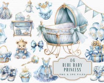 Watercolor Blue Princess Clipart, Fairytale Baby Shower Bundle (Digital Download)