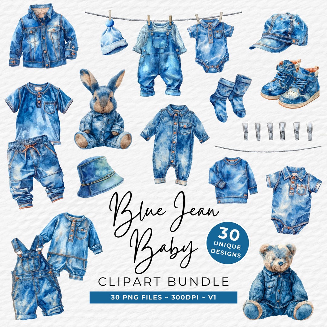 Watercolor Denim Baby Clipart, Blue Jean Clothes PNG (digital Download ...