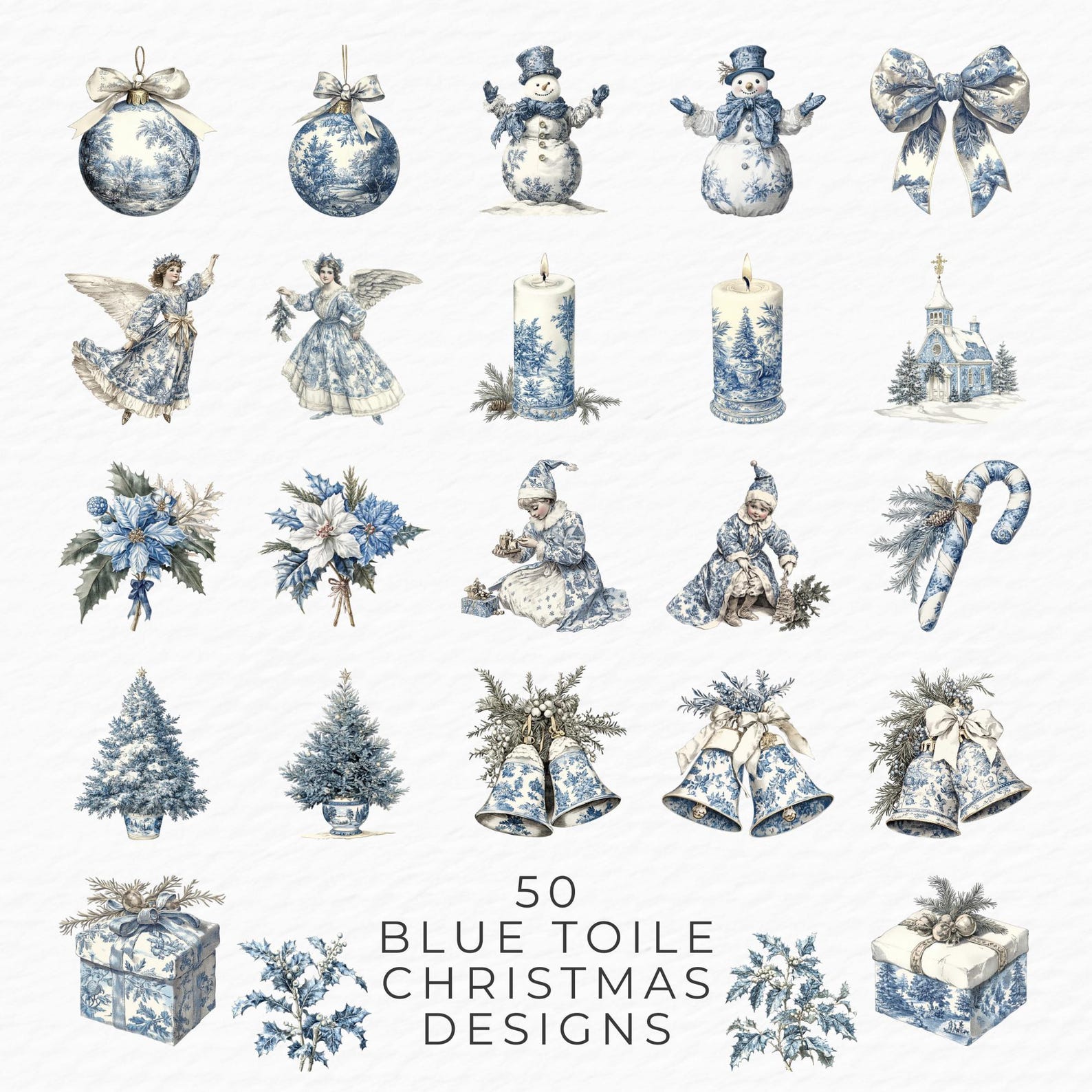 50 Christmas Toile Clipart | Vintage Holiday Chinoiserie Blue & White ...