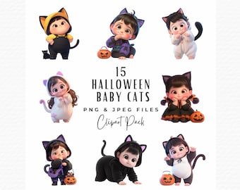 Quirky Halloween Cat Clipart Bundle, Whimsical Spooky Designs (Digital Download)