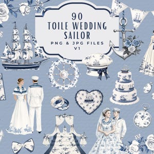 Wedding Toile Clipart Bundle, Watercolor Blue Chinoiserie Nautical Sailor Bride Groom Bridal Shower Wedding Invitation Art, Digital Download