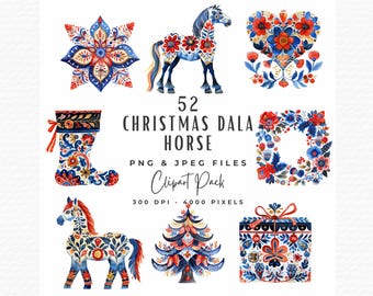 Dala Horse Clipart Bundle | Swedish Christmas Folk Art (Digital Download)
