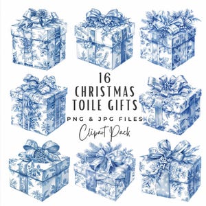Clipart de Navidad en toile / 16 imágenes prediseñadas vintage de chinoiserie en azul y blanco / Paquete de imágenes prediseñadas de tarjetas navideñas en formato JPG de papel digital efímero