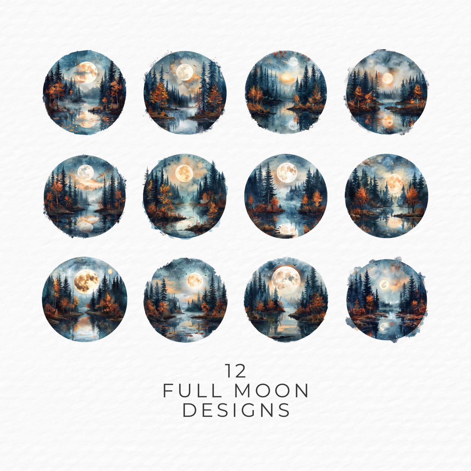 Eerie Full Moon Clipart Bundle | 12 Watercolor Halloween Invitation ...