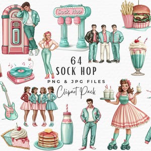 50er Jahre Diner Clipart Bundle, 64 Aquarell Vintage Diner Sock Hop Party Clipart, Retro Jukebox Milchshake Pudel Rockparty, digitaler Download