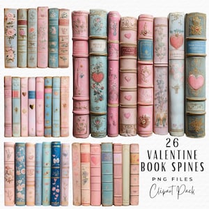 26 Clipart del dorso del libro di San Valentino, Clipart del dorso del libro con cuori e fiori pastello, Download digitale, Clip art del diario di spazzatura Grimoire PNG