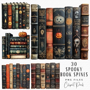 30 Spooky Book Spine Clipart, Vintage Spooky Pumpkin Book Spines Clipart, Digital Download, Grimoire Junk Journal Scrapbook Clip Art PNG