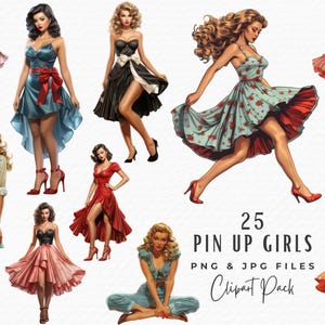 Pin Up Girls Clipart, Watercolor Retro Vintage 50s Fashion Girl Clipart, Digital Download Commercial Use, 1950s Girl Junk Journal PNG JPG
