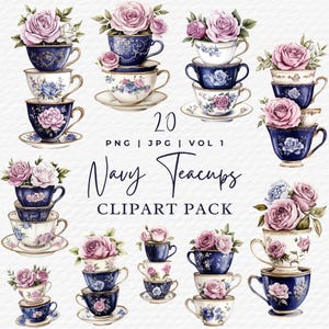 Clipart di tazze da tè impilate, PNG acquerello vintage per scrapbooking, arte floreale per il tè in stile navy, illustrazioni per download digitale, uso commerciale