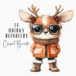 Quirky Reindeer Clipart Bundle, 12 acquerello divertente carino renna di Natale Clipart PNG JPG, download digitale, immagini di scrapbook junk journal