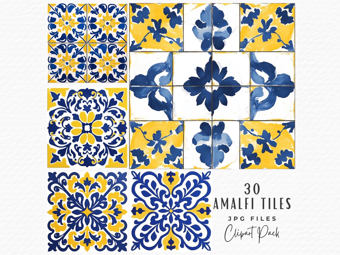 Amalfi Tile Clipart Bundle: Watercolor Mediterranean Patterns (digital ...