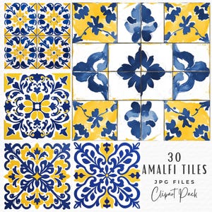 Paquete de imágenes prediseñadas de azulejos de Amalfi, 30 imágenes prediseñadas de patrón de azulejos sin costuras de boda italiana de verano mediterráneo en acuarela azul y limón, descarga digital